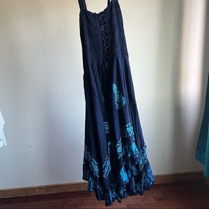 Vintage Shoreline Blue Embroidered Hippie Dress Corset with Handkerchief Skirt
